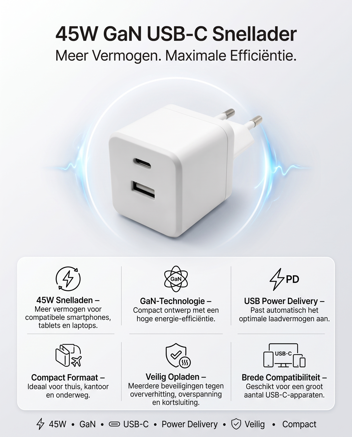 Specificaties Kabelkings Snellader · 45W: 45W, Power Delivery, USB-A