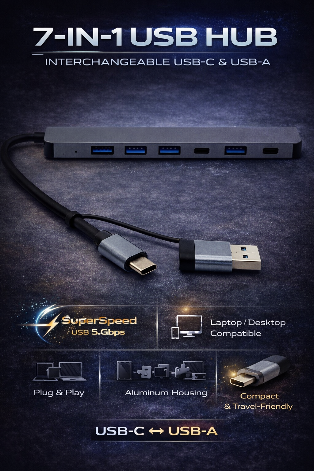 Specificaties Kabelkings USB-C Hub 7-in-1: SuperSpeed 5Gbps, aluminium behuizing, plug & play, compact en reisvriendelijk