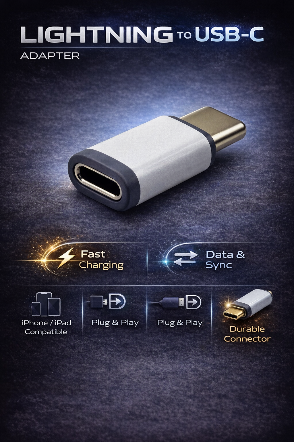 Specificaties Kabelkings Lightning naar USB-C Adapter: fast charging, data sync, iPhone/iPad compatibel, plug & play