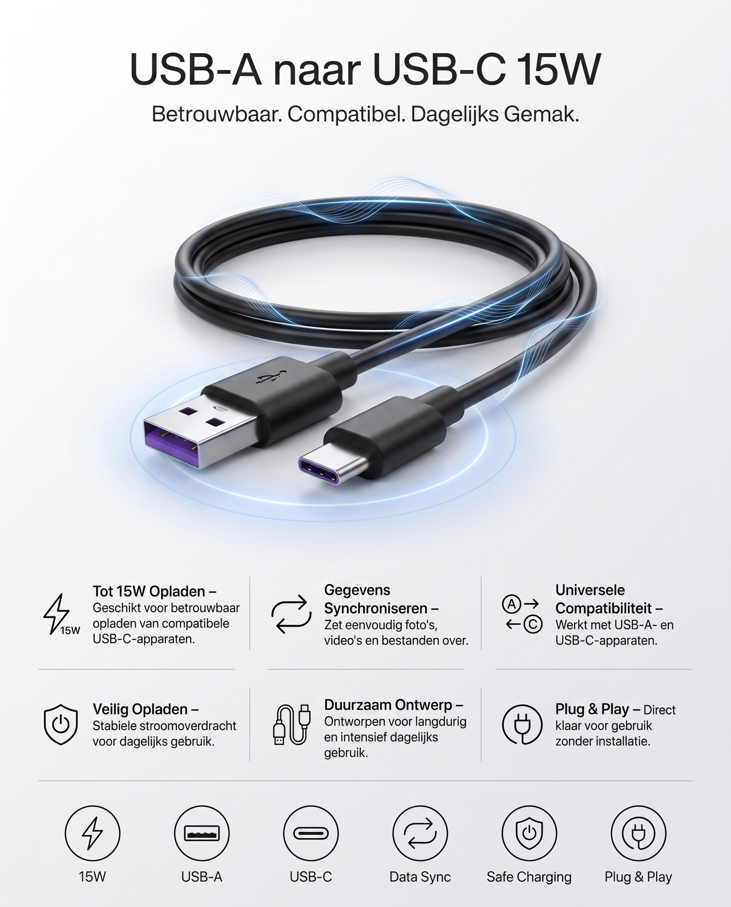 Specificaties en kenmerken van de Kabelkings USB-A naar USB-C kabel Zwart: 15W opladen, data sync, plug & play