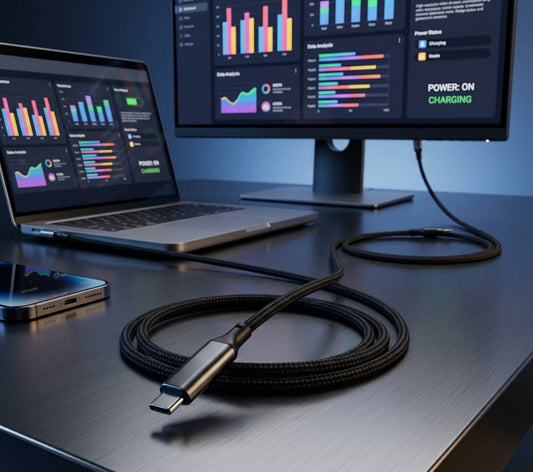 Zwarte gevlochten USB-C kabel aangesloten op een laptop en smartphone