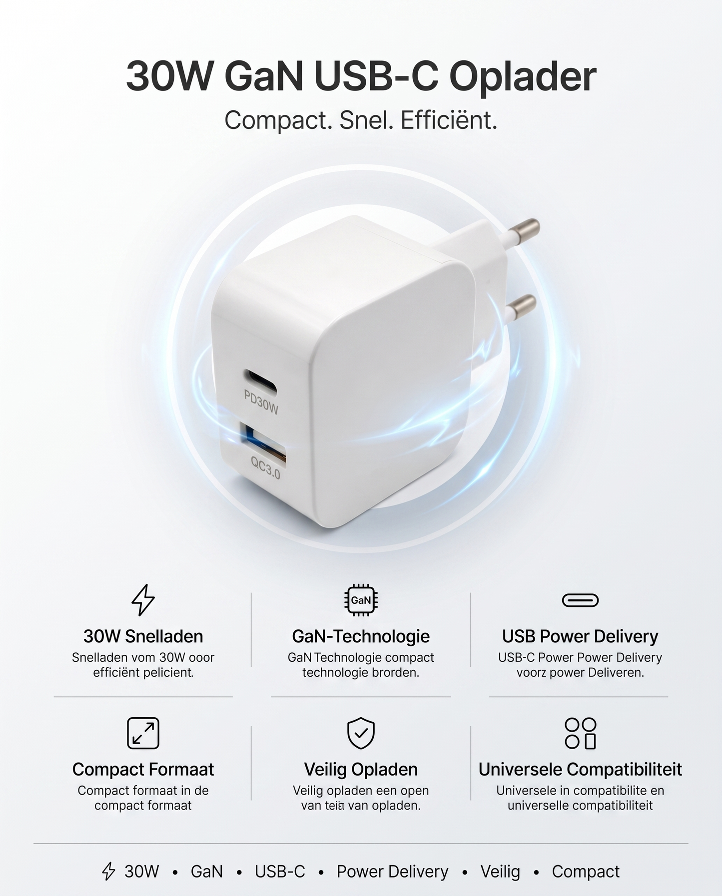 Specificaties Kabelkings Snellader · 30W: 30W, Power Delivery, USB-A