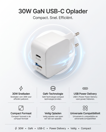 Specificaties Kabelkings Snellader · 30W: 30W, Power Delivery, USB-A