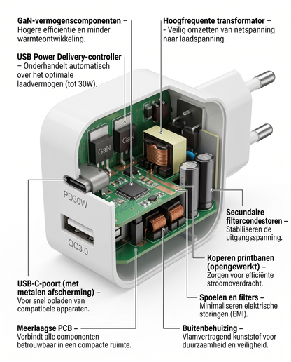 Doorsnede van de Kabelkings Snellader · 30W met interne opbouw en afscherming