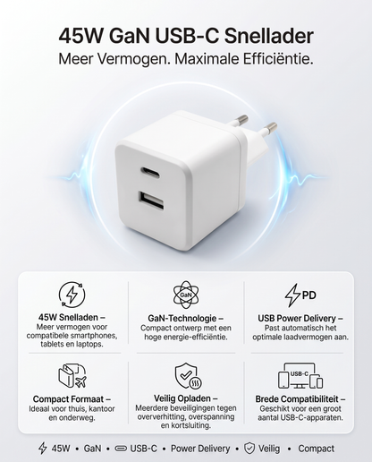 Specificaties Kabelkings Snellader · 45W: 45W, Power Delivery, USB-A
