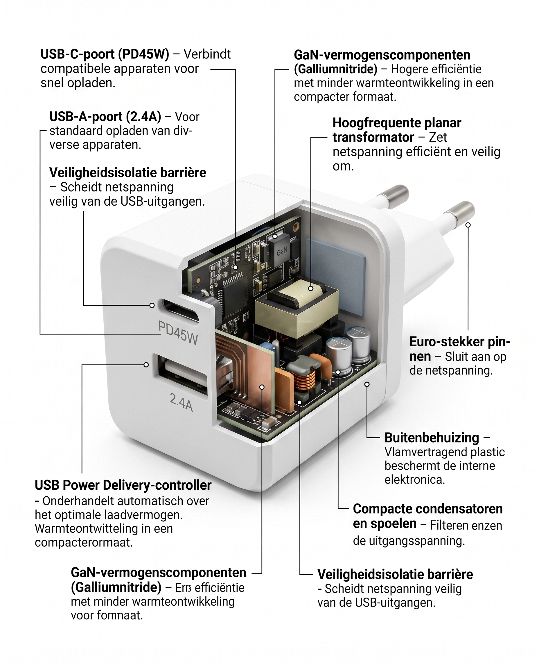 Doorsnede van de Kabelkings Snellader · 45W met interne opbouw en afscherming