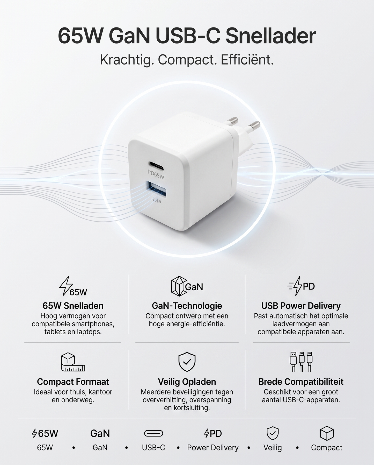 Specificaties Kabelkings Snellader · 65W: 65W, Power Delivery, USB-A