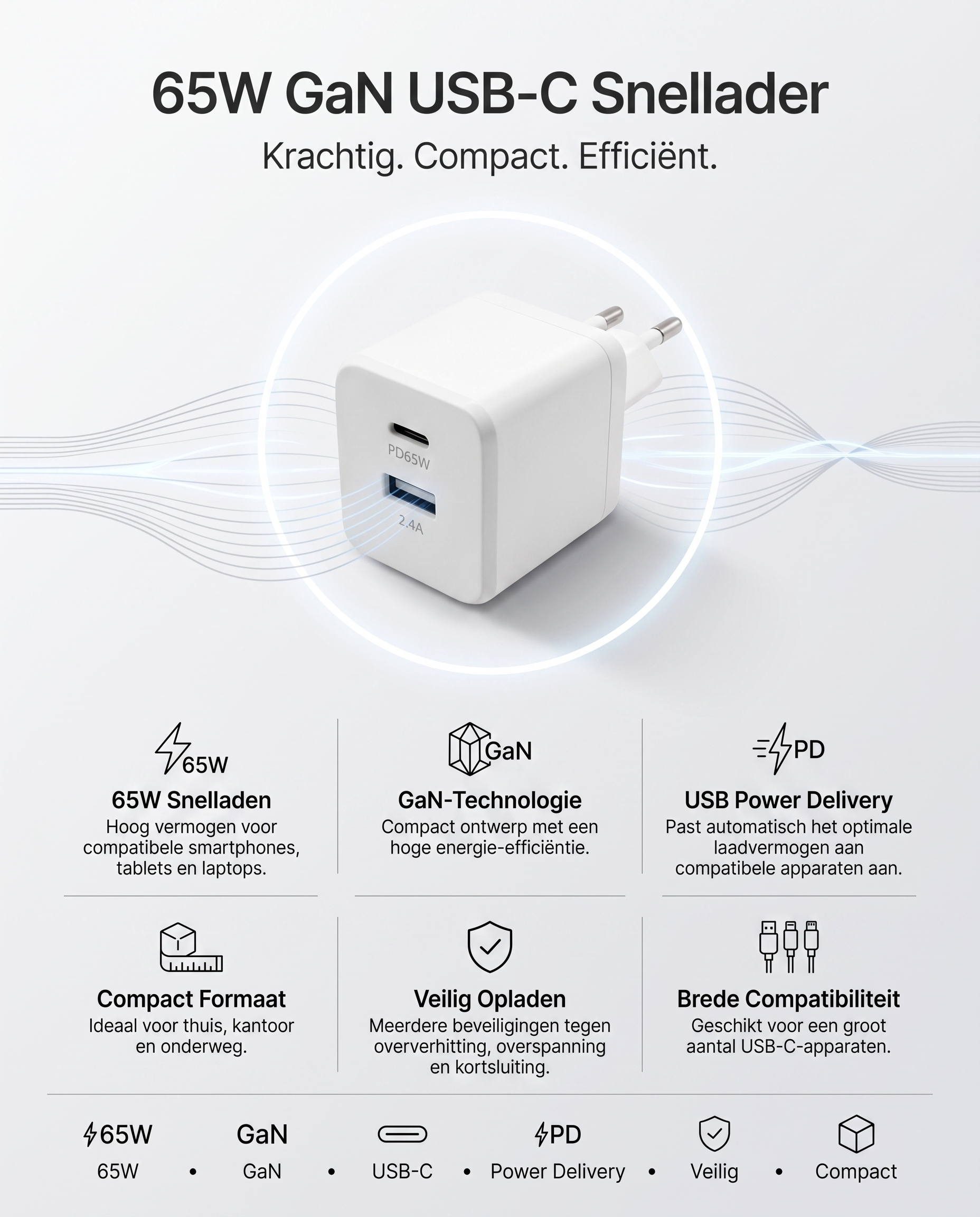 Specificaties Kabelkings Snellader · 65W: 65W, Power Delivery, USB-A