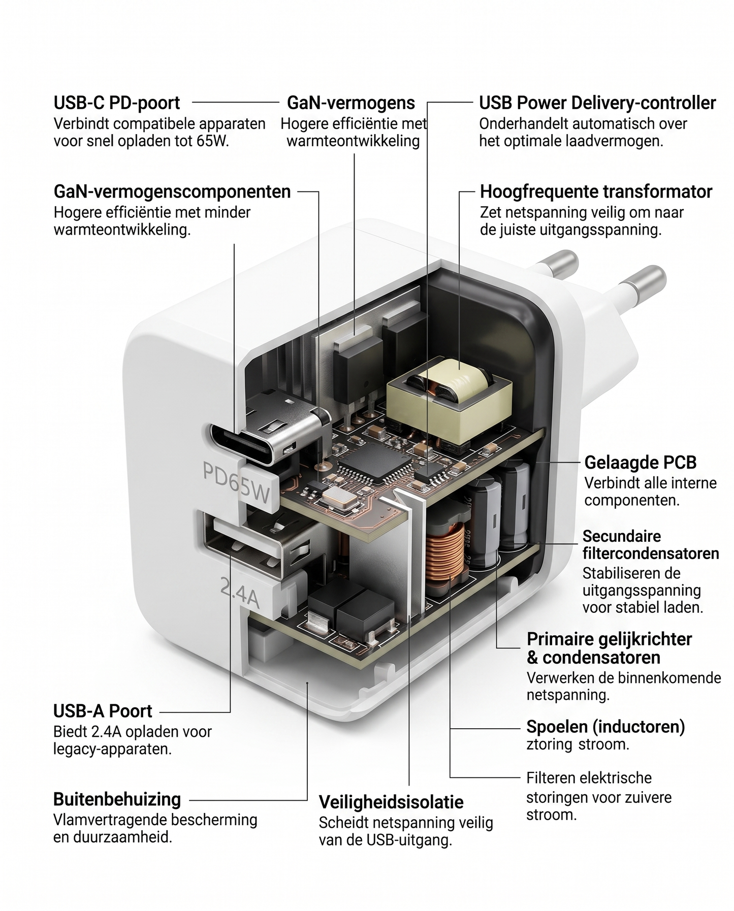 Doorsnede van de Kabelkings Snellader · 65W met interne opbouw en afscherming