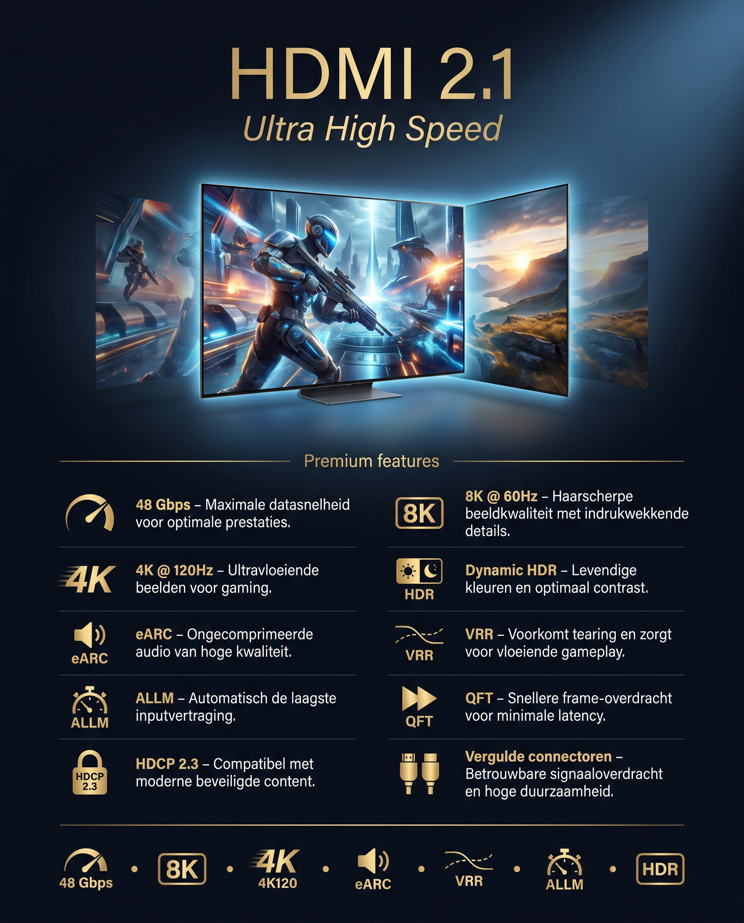 Specificaties en kenmerken van de Kabelkings HDMI 2.1 Kabel Zwart