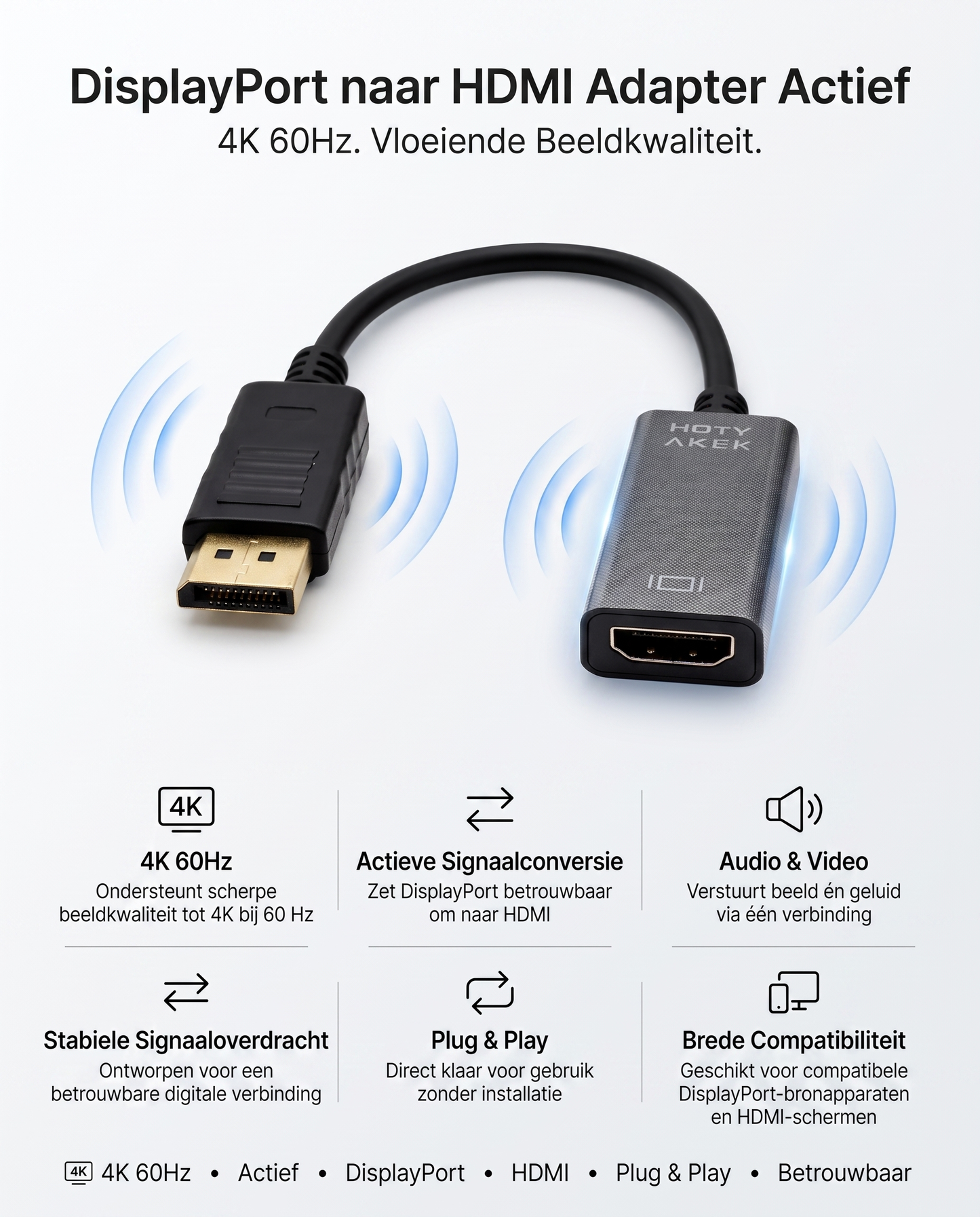 Specificaties Kabelkings DisplayPort naar HDMI Adapter: 4K 60Hz, Actief, DisplayPort→ HDMI