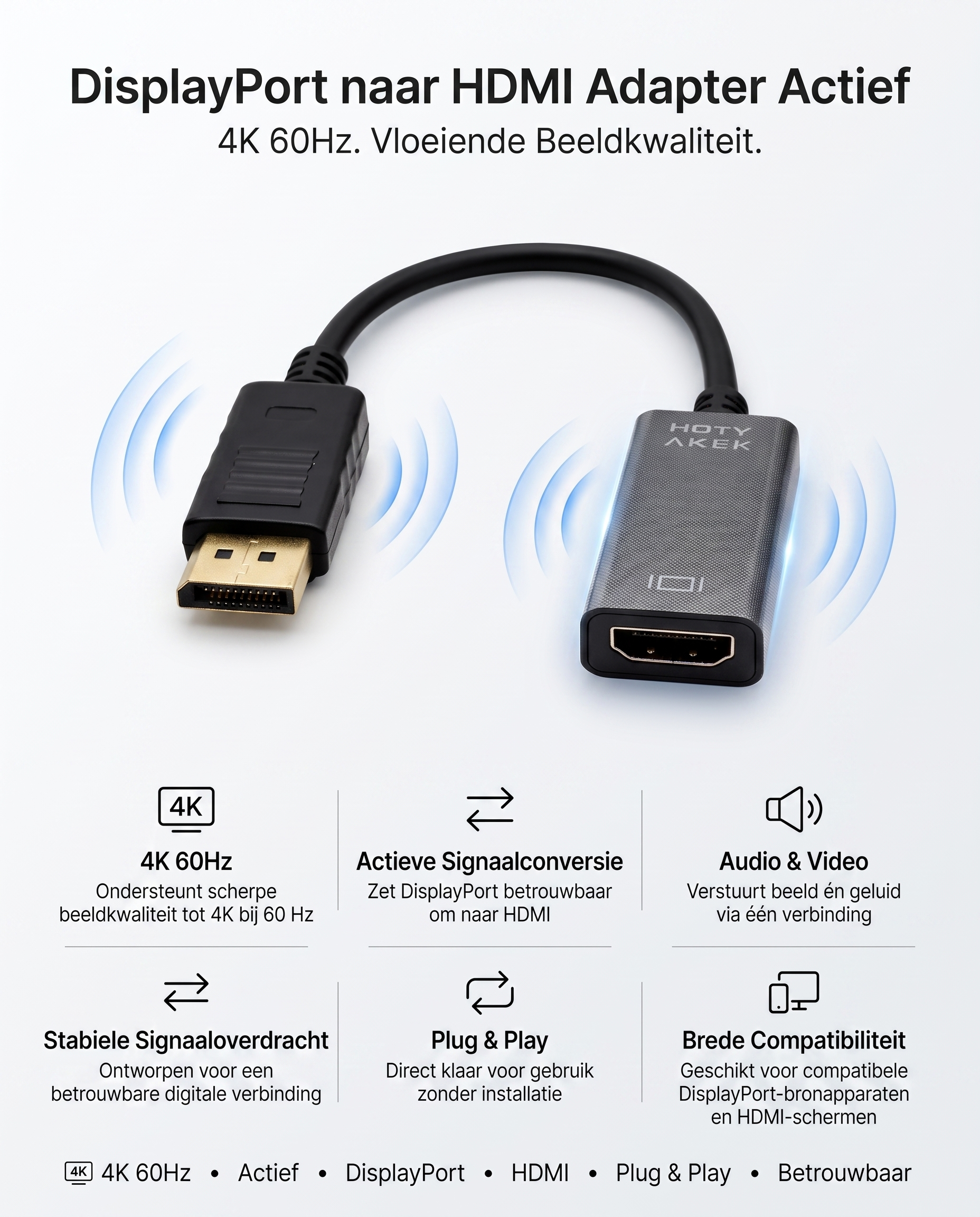 Specificaties Kabelkings DisplayPort naar HDMI Adapter: 4K 60Hz, Actief, DisplayPort→ HDMI