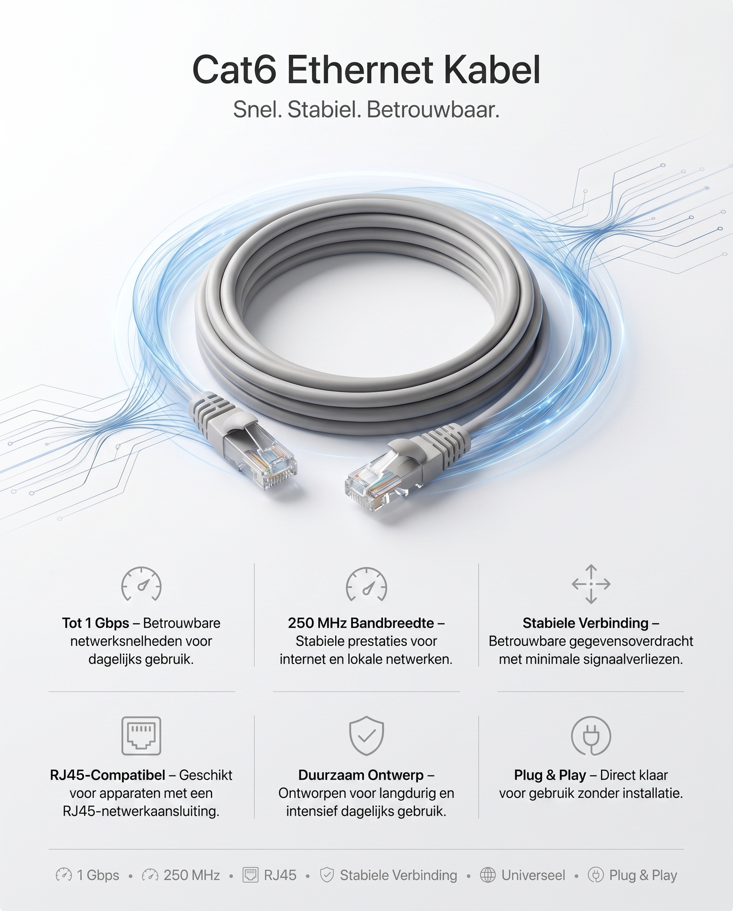 Specificaties en kenmerken van de Kabelkings Cat6 Ethernetkabel Grijs