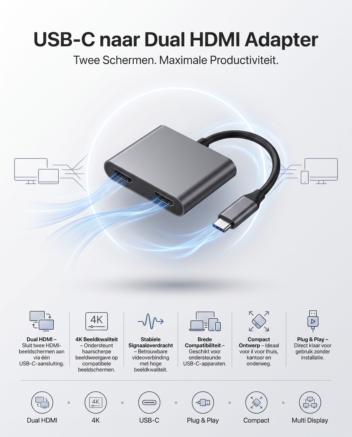Specificaties Kabelkings USB-C naar Dual HDMI Adapter: Dual HDMI, 4K, USB-C
