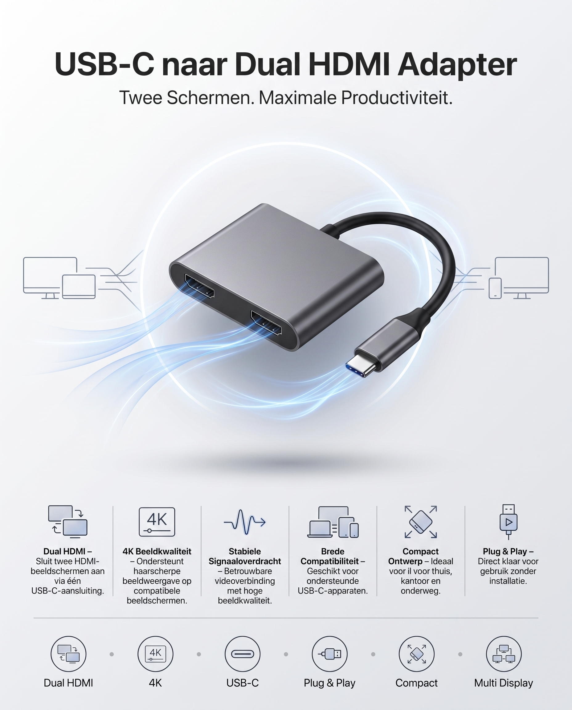 Specificaties Kabelkings USB-C naar Dual HDMI Adapter: Dual HDMI, 4K, USB-C