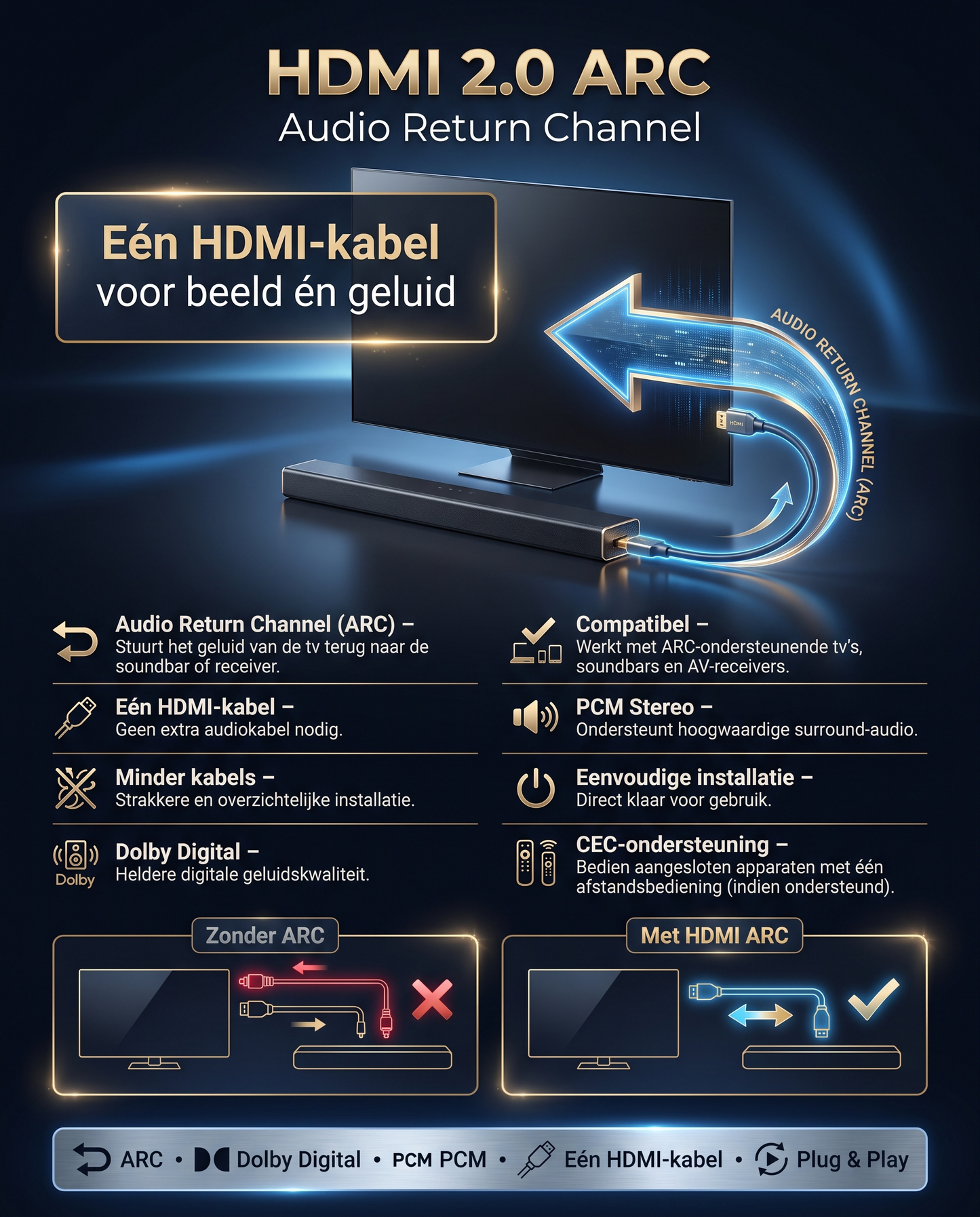 Kabelkings HDMI 2.0 kabel met ARC ondersteuning voor Dolby Digital en PCM Stereo audio