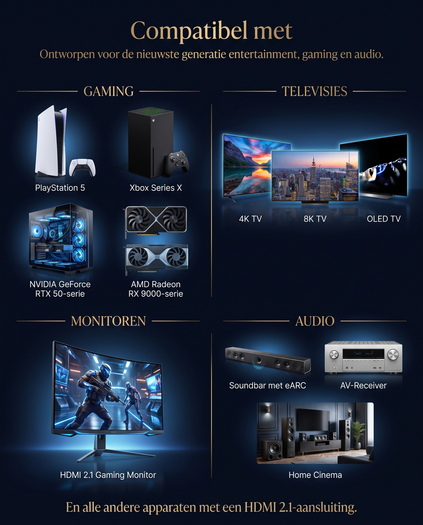 Compatibiliteitsoverzicht Kabelkings HDMI 2.1 kabel: PS5, Xbox Series X, 4K/8K/OLED TV's, gaming monitoren en audioapparatuur