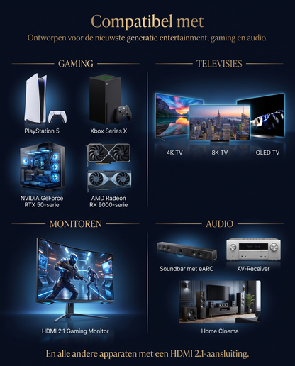 Compatibiliteitsoverzicht Kabelkings HDMI 2.1 kabel: PS5, Xbox Series X, 4K/8K/OLED TV's, gaming monitoren en audioapparatuur