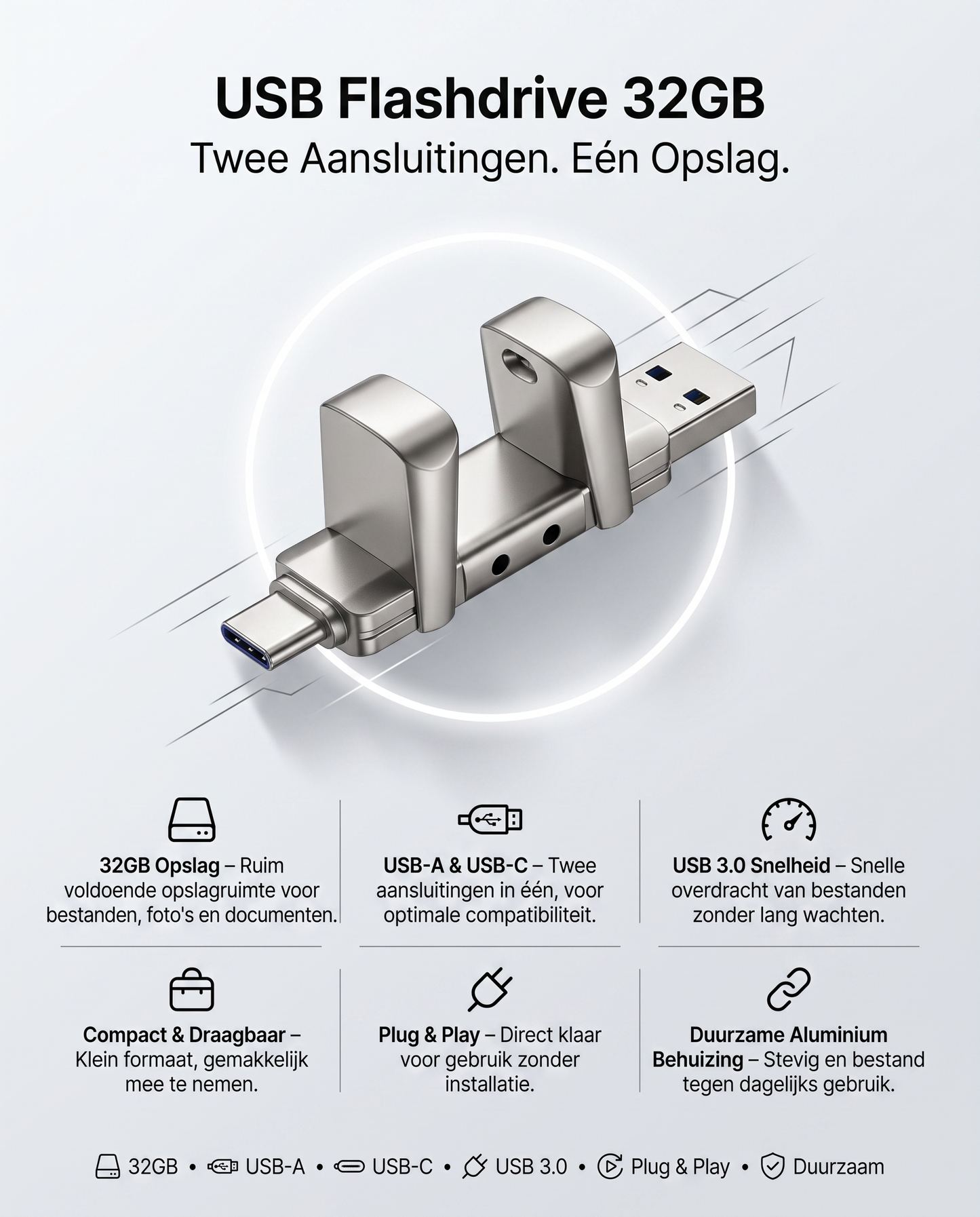 Specificaties Kabelkings USB Flashdrive · 32GB: USB 3.0, USB-A, USB-C