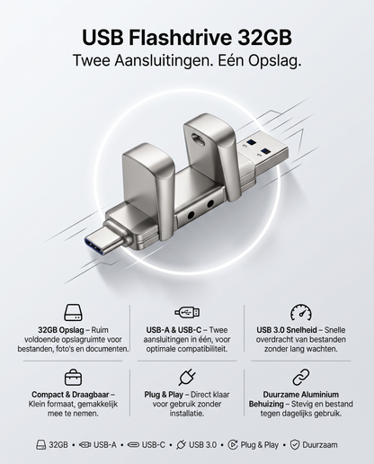 Specificaties Kabelkings USB Flashdrive · 32GB: USB 3.0, USB-A, USB-C