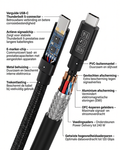 Doorsnede van de Kabelkings Thunderbolt 5 Kabel Zwart met interne opbouw en afscherming