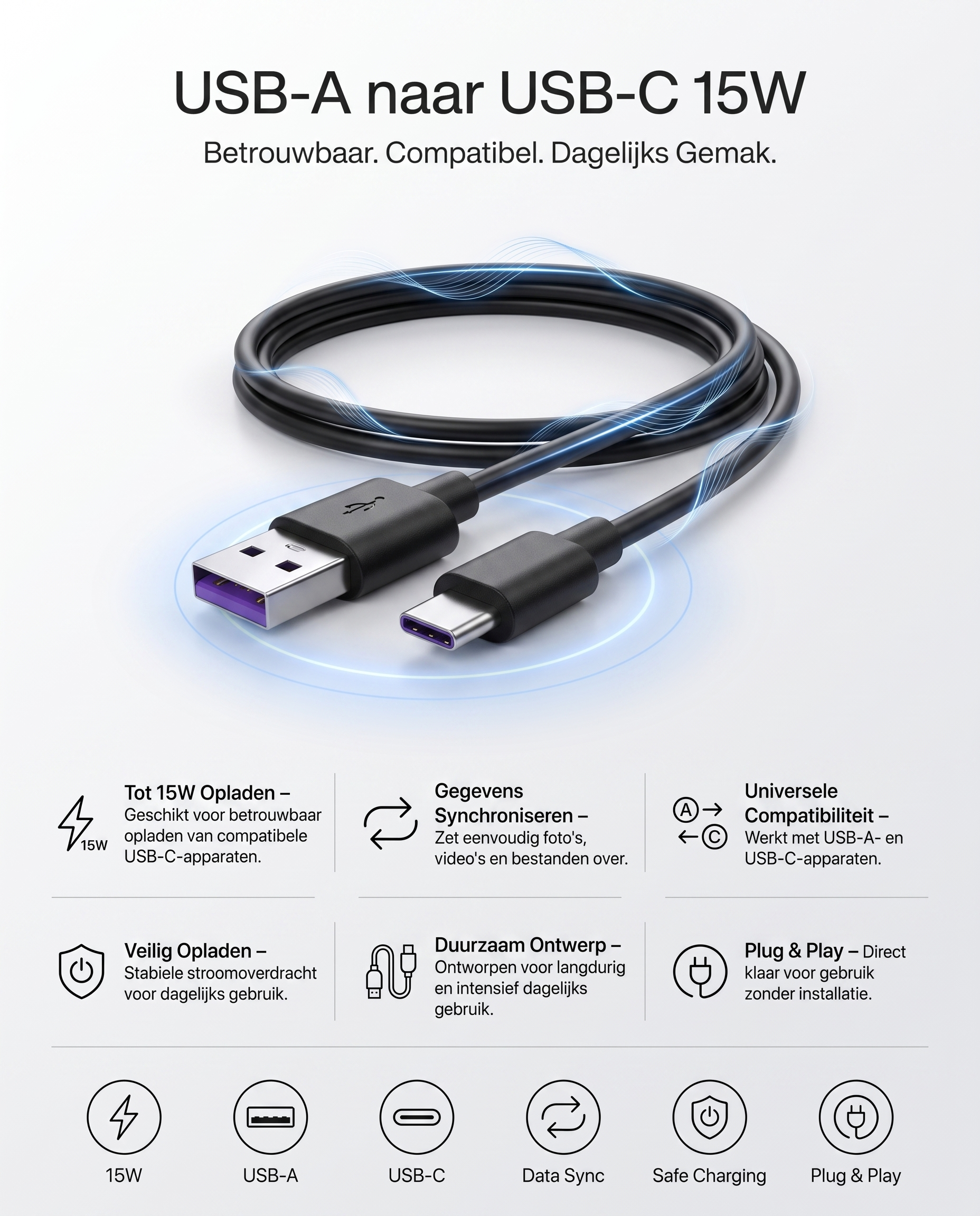 Specificaties en kenmerken van de Kabelkings USB-A naar USB-C kabel Zwart: 15W opladen, data sync, plug & play