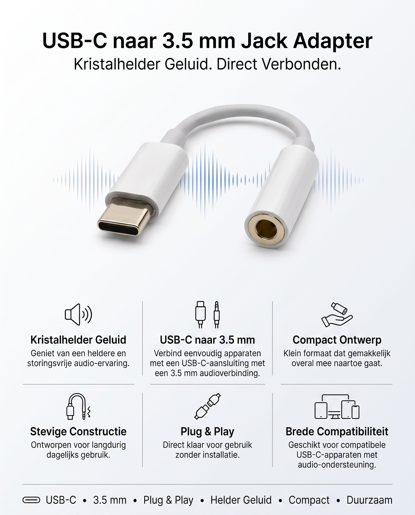 Specificaties Kabelkings USB-C naar 3.5mm Jack Adapter: kristalhelder geluid, compact ontwerp, plug & play, brede compatibiliteit