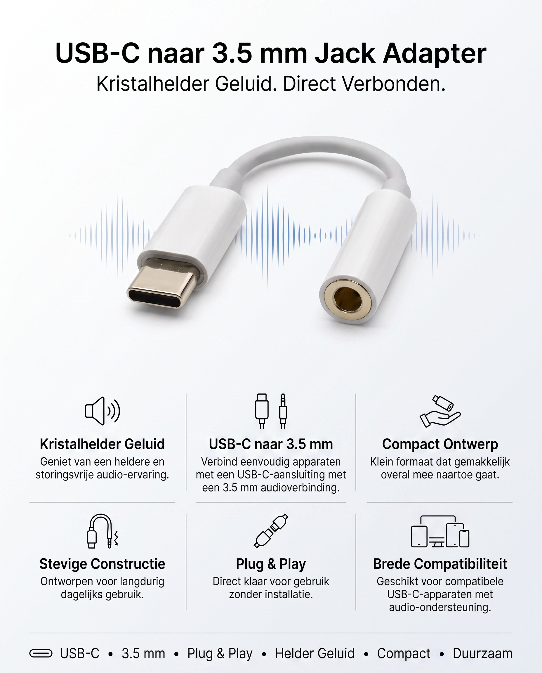 Specificaties Kabelkings USB-C naar 3.5mm Jack Adapter: kristalhelder geluid, compact ontwerp, plug & play, brede compatibiliteit