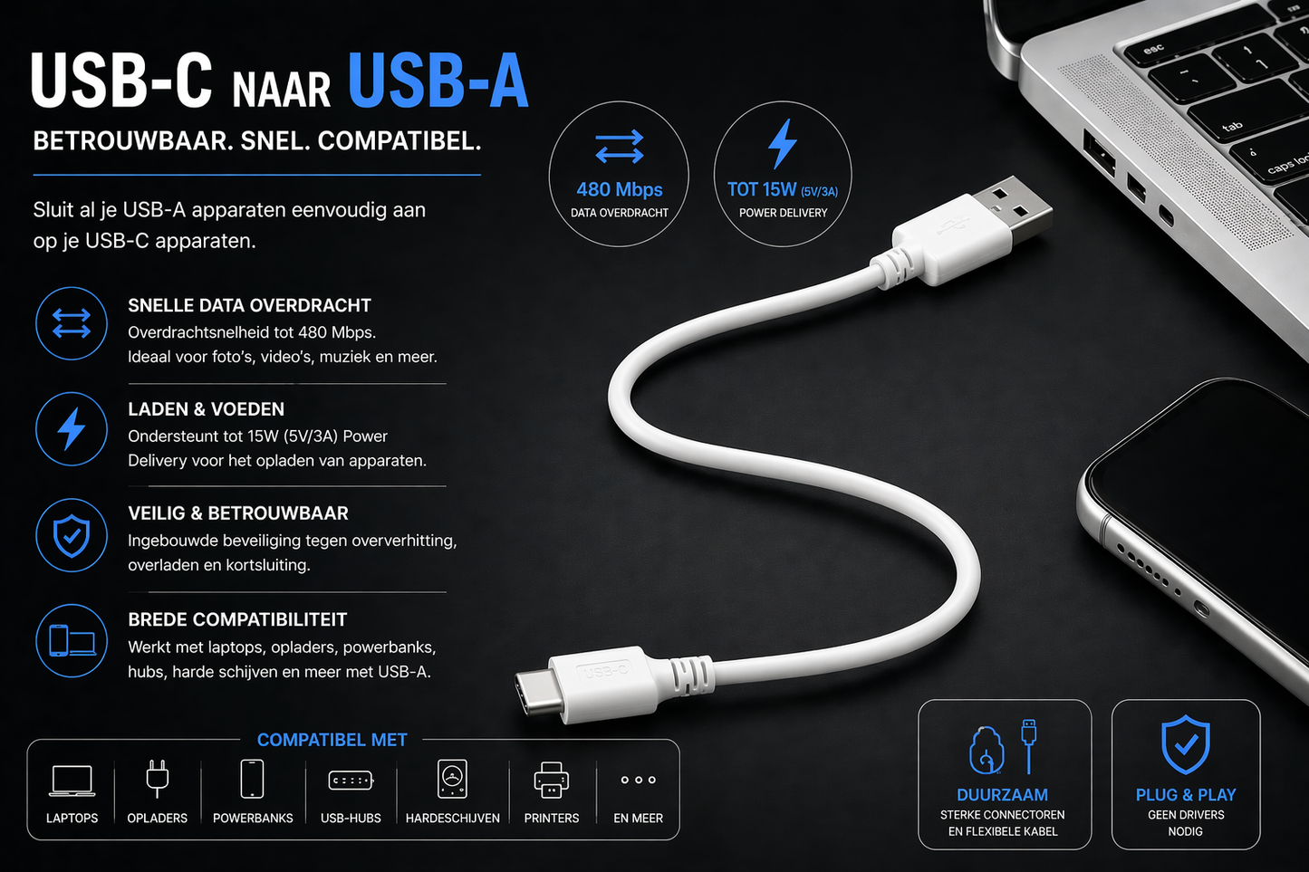 Kabelkings USB-C naar USB-A Kabel 5Gbps 2 meter Wit