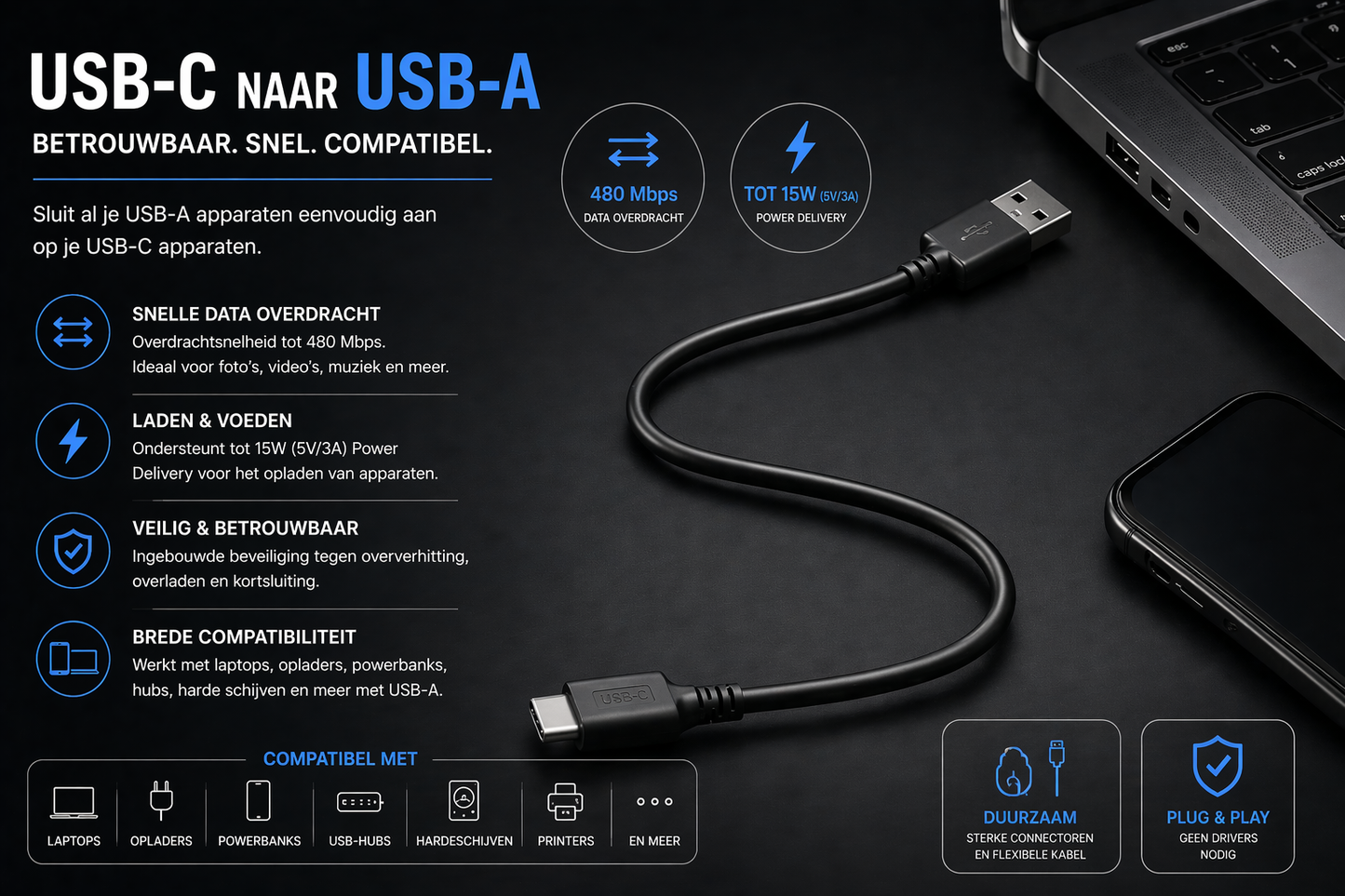Kabelkings USB-C naar USB-A Kabel 5Gbps 1 meter Zwart