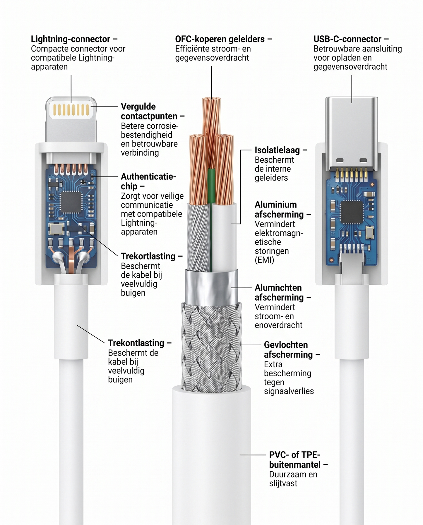 Doorsnede van de Kabelkings USB-C naar Lightning Kabel Wit met interne opbouw en afscherming