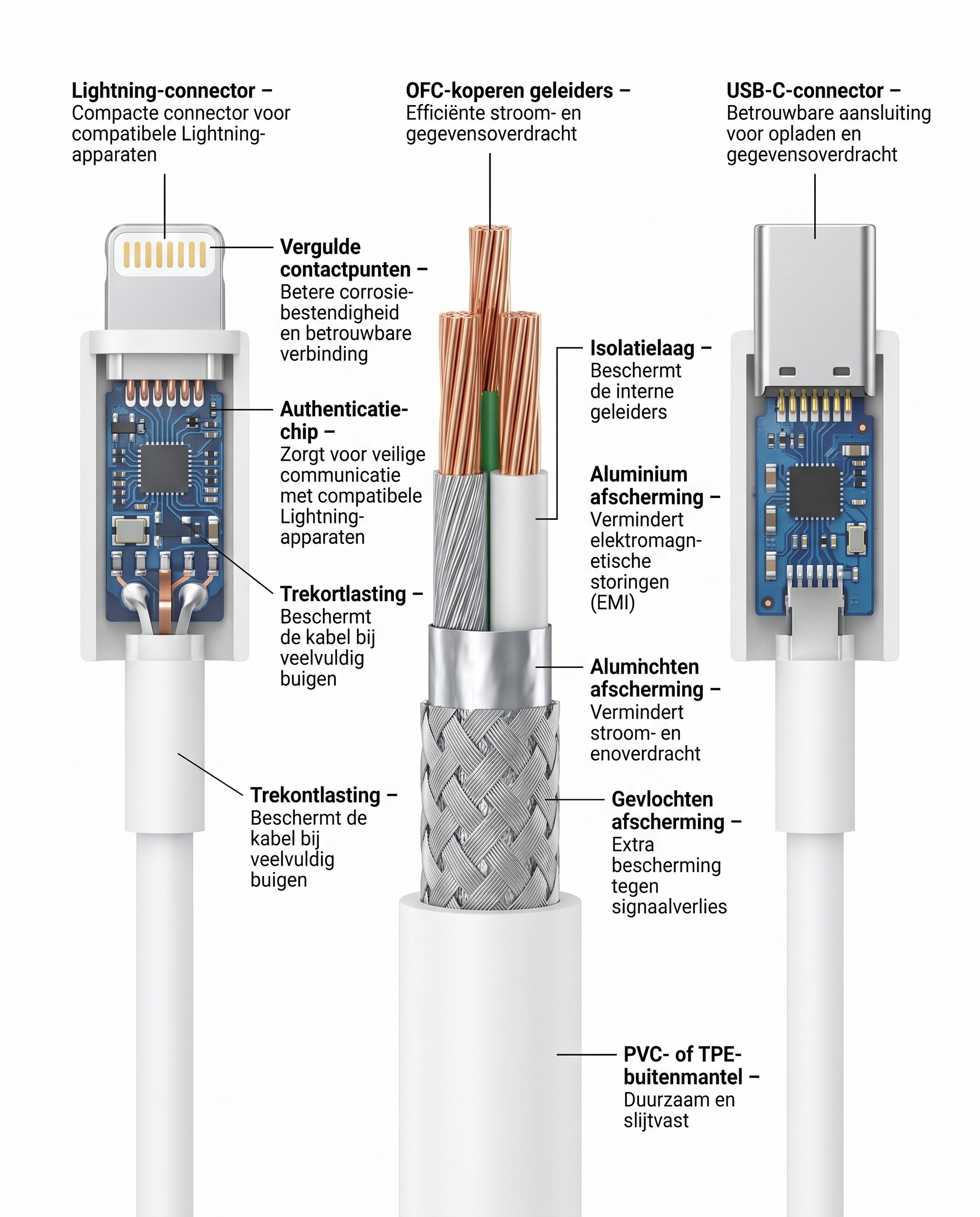 Doorsnede van de Kabelkings USB-C naar Lightning Kabel Wit met interne opbouw en afscherming