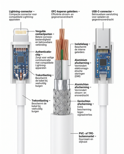 Doorsnede van de Kabelkings USB-C naar Lightning Kabel Wit met interne opbouw en afscherming