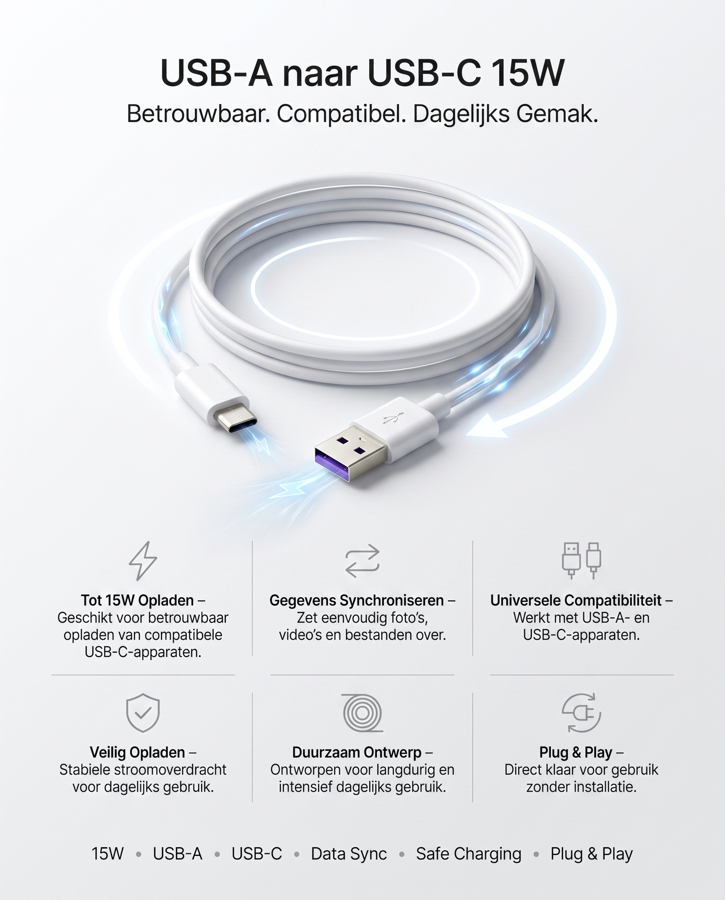 Specificaties en kenmerken van de Kabelkings USB-A naar USB-C kabel Wit: 15W opladen, data sync, plug & play