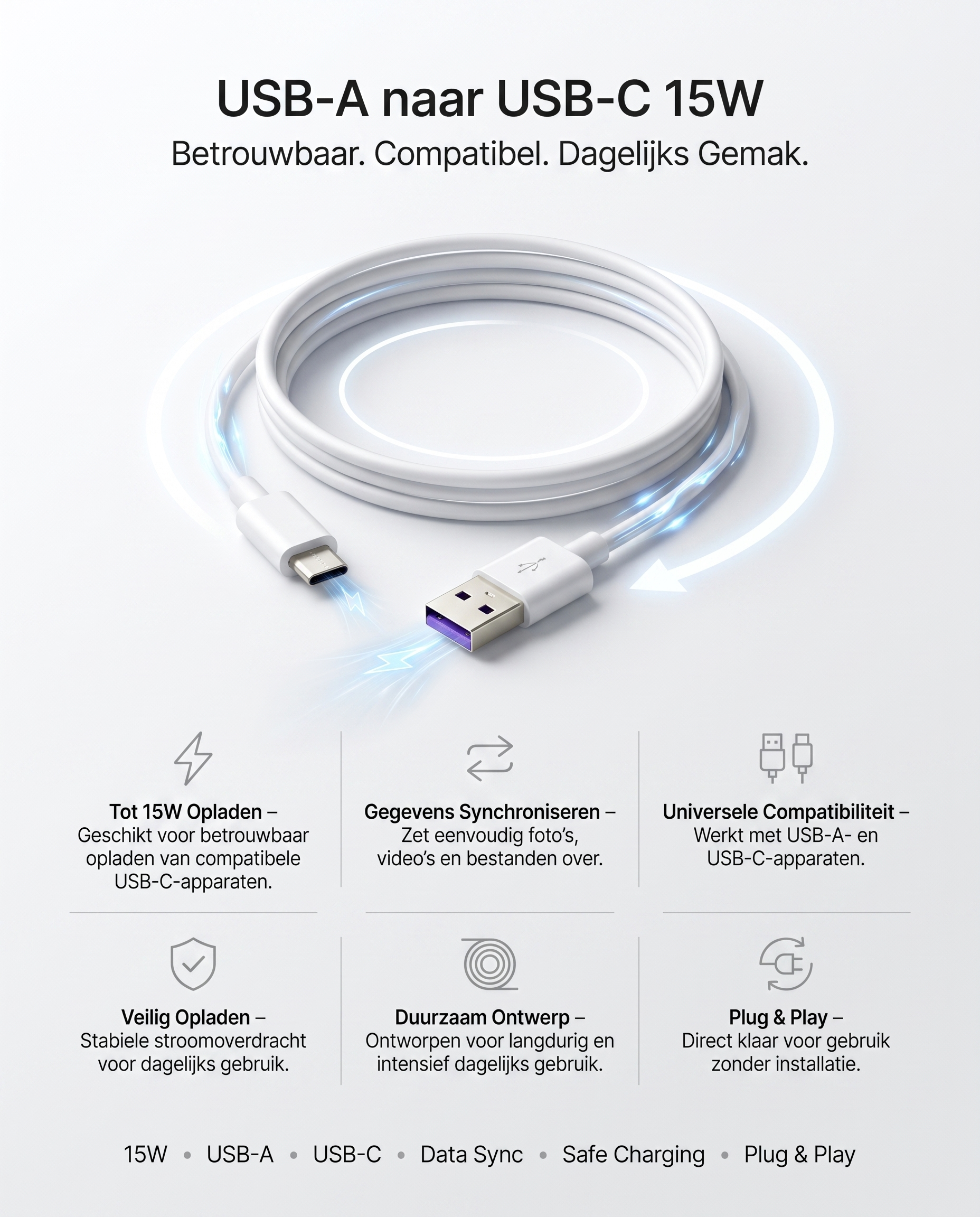 Specificaties en kenmerken van de Kabelkings USB-A naar USB-C kabel Wit: 15W opladen, data sync, plug & play