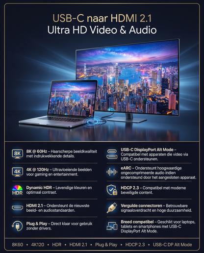 Specificaties Kabelkings USB-C naar HDMI Kabel · 2 meter · Zwart: 8K 60Hz, 4K 120Hz, 2 meter